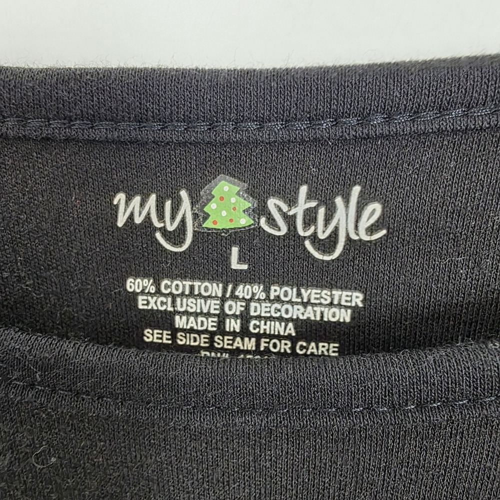 My Style Black Multicolor Snowman Embroidered Winter Christmas Knit Shirt Size L - Picture 3 of 6